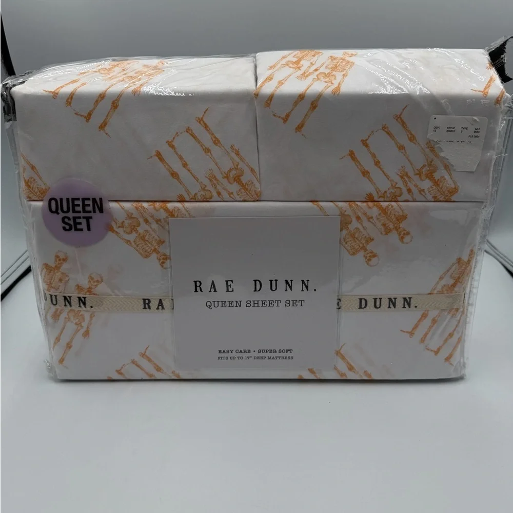 Rae Dunn White Sheet Set with Orange Skeleton Print - Queen